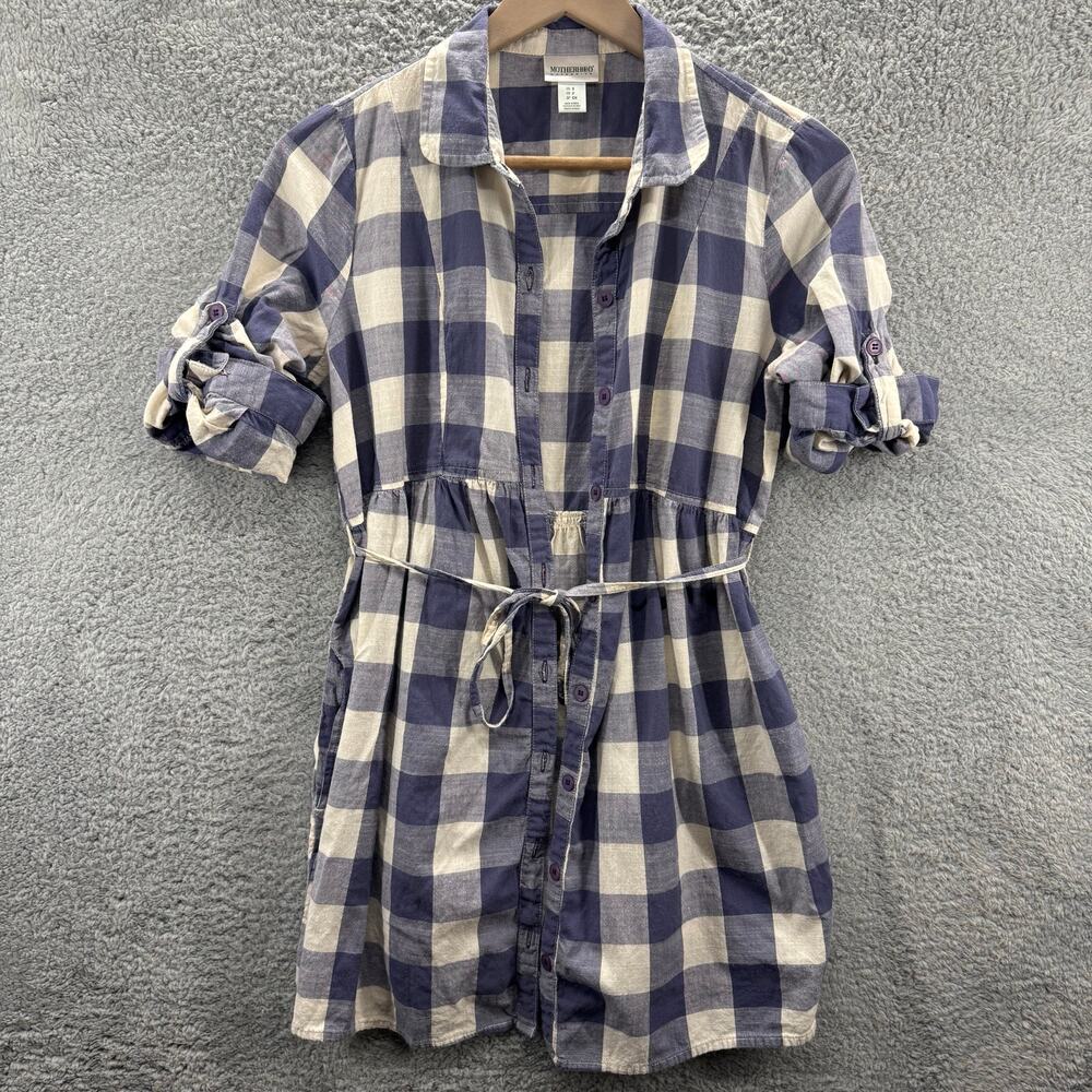 Motherhood Maternity Women's Small Blue Plaid Button Down Dress with Tie Waist